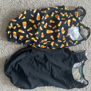 Kids Halloween Candy Corn and Black Swimsuit Set